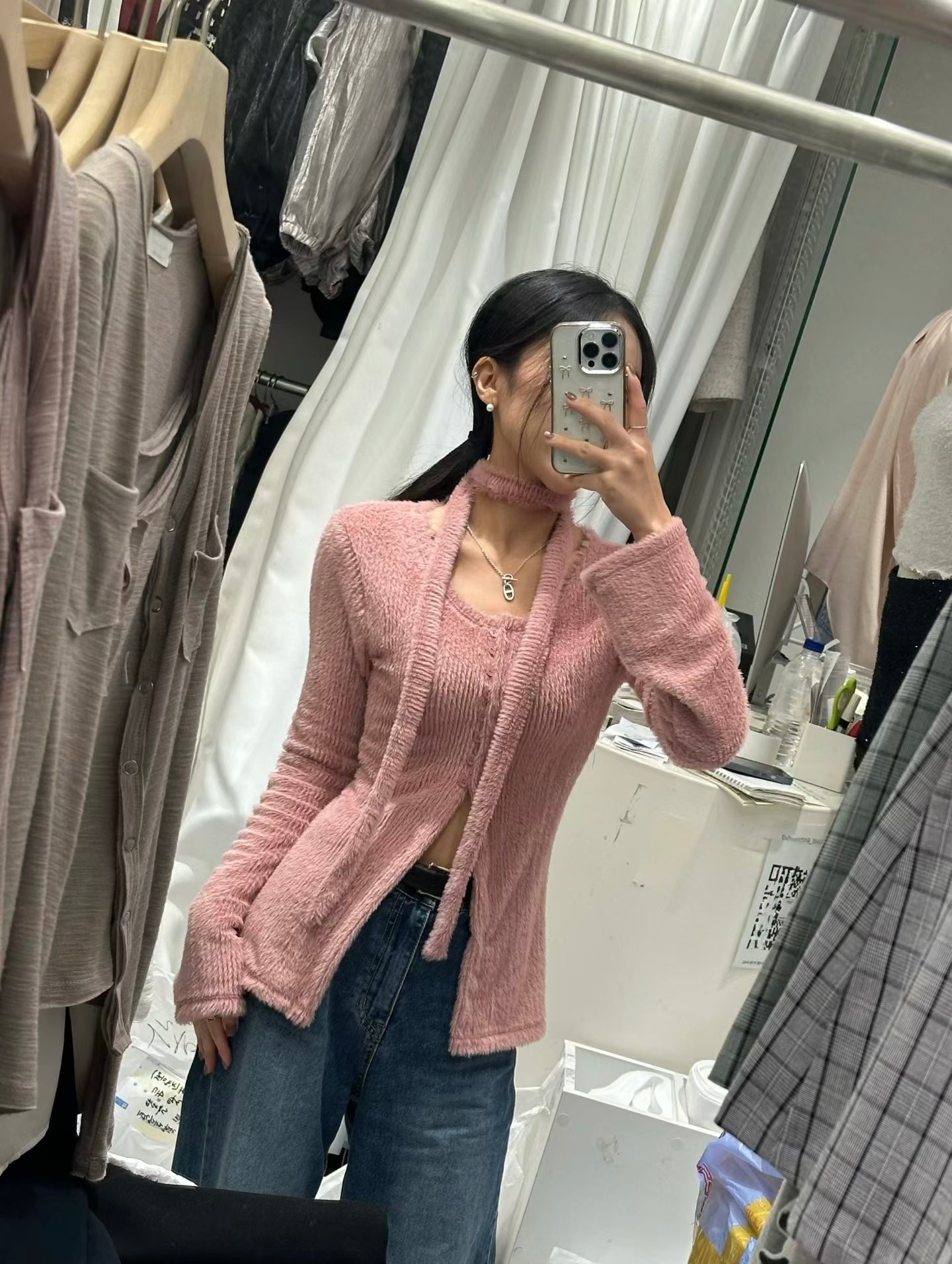 [ 🆕 搶手goody! 毛毛開衩長衫~ ] Fluffy Split Button Up  + Skinny Scarf - 3 colours