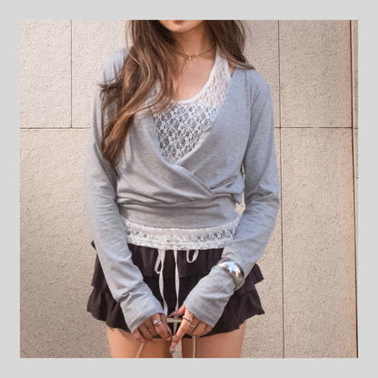 Lace-Trim Layered Wrap Top - 3 colours