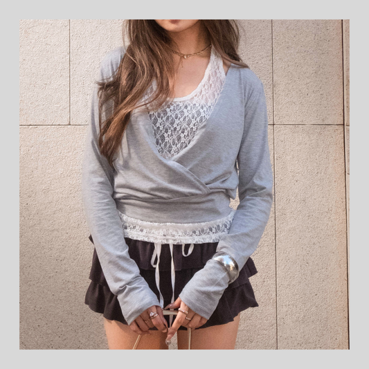 Lace-Trim Layered Wrap Top - 3 colours