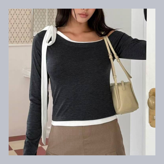 [ 🆕 氣質蝴蝶結斜膊 top ] Bowie Layered Top - 2 colours