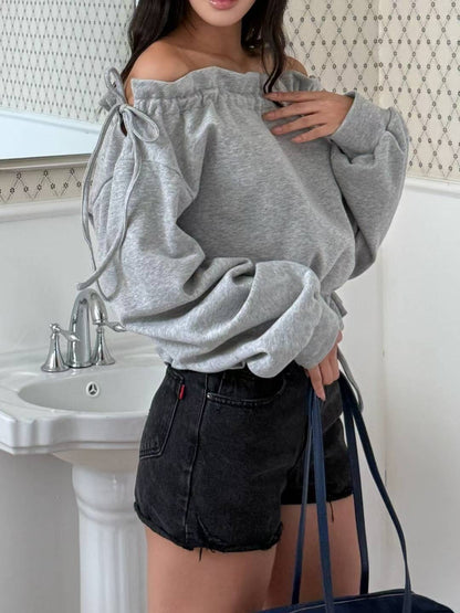 [ 🆕 漲卜卜 puffy 綁帶一字膊 ] Puffy Daily Off-shoulder Sweatshirt - 2 colours