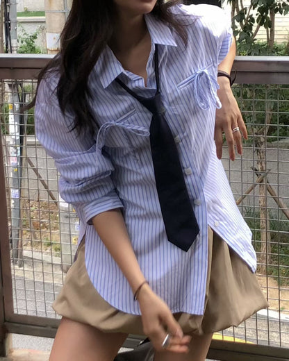 [ 🆕 蝴蝶結 x 男友風 🤍🩷🩵 寬鬆直間恤衫 ] Glam Shirt Stripes - 3 colours