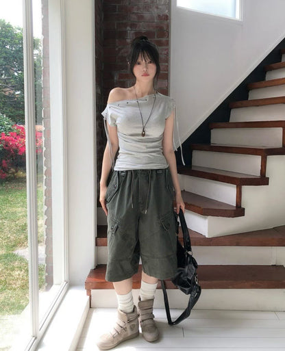 🆕  Eyelet Off-Shoulder Drawstring Top - 3 colours