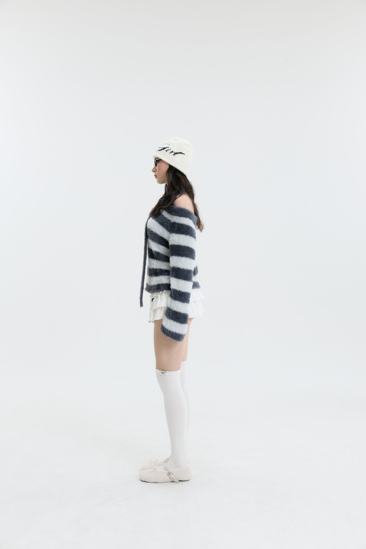 Luv Dept / Fluffy Stripes Sweater with Skinny Scarf - Charcoal