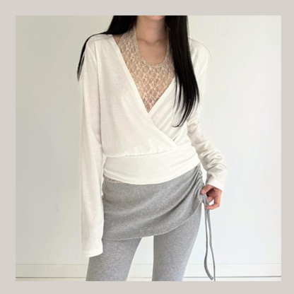 Lace-Trim Layered Wrap Top - 3 colours