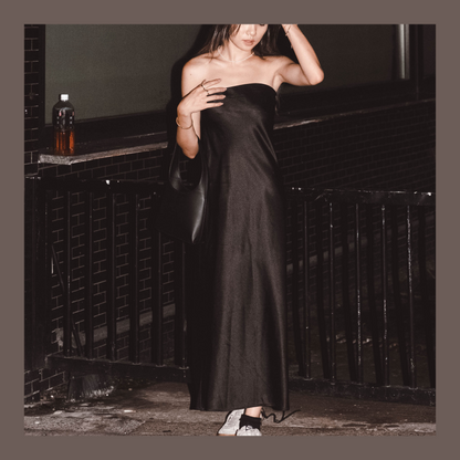 [ 高級感 UP ! 黑色仿絲質長裙 ] Black Pearl Maxi Tube Dress