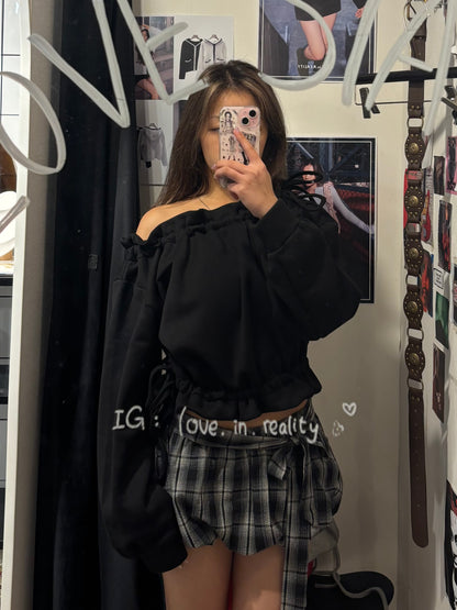 [ 🆕 漲卜卜 puffy 綁帶一字膊 ] Puffy Daily Off-shoulder Sweatshirt - 2 colours