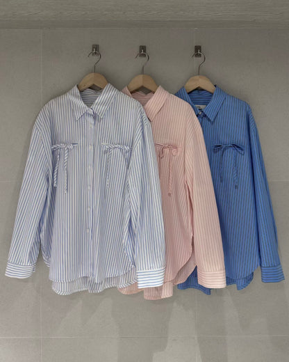 [ 🆕 蝴蝶結 x 男友風 🤍🩷🩵 寬鬆直間恤衫 ] Glam Shirt Stripes - 3 colours