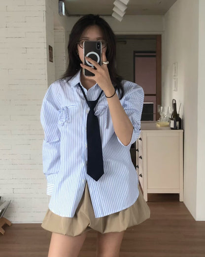 [ 🆕 蝴蝶結 x 男友風 🤍🩷🩵 寬鬆直間恤衫 ] Glam Shirt Stripes - 3 colours