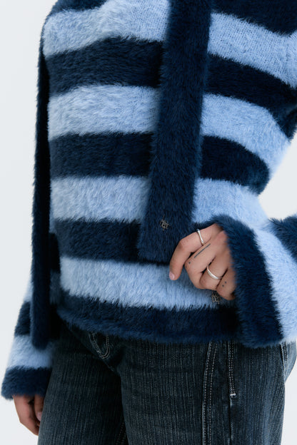 Luv Dept / Fluffy Stripes Sweater with Skinny Scarf - Blue