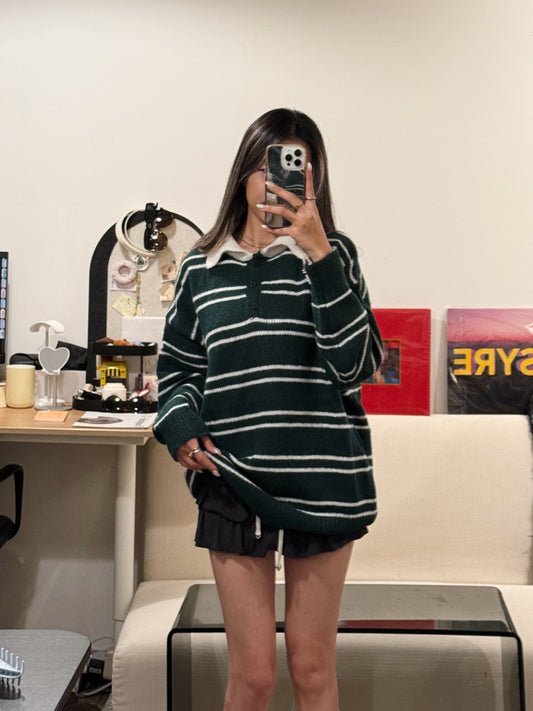 [ 🆕 墨綠橫間 🏫, 歐美校園風 ] Canvas Sweater Oversize