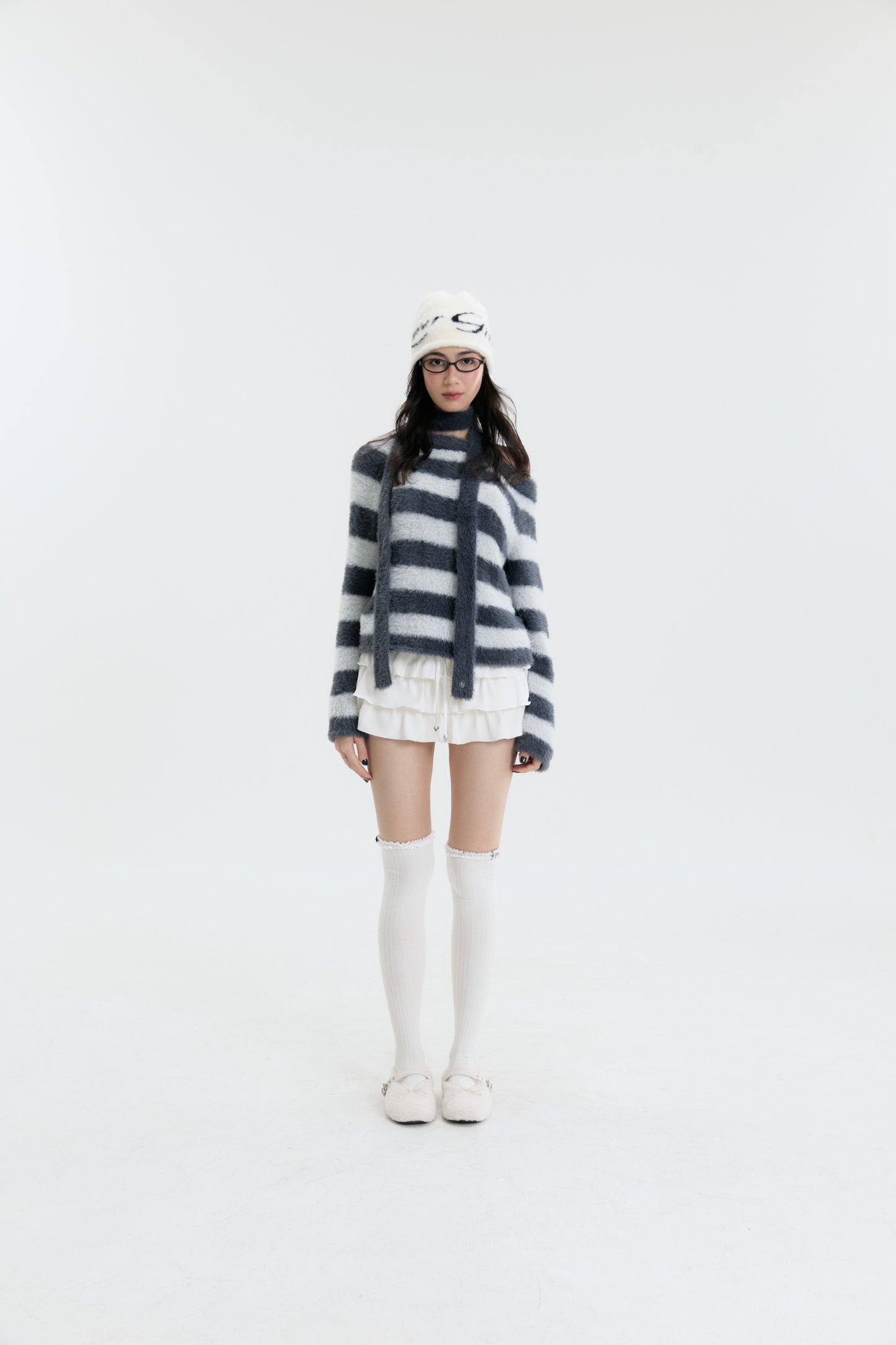 Luv Dept / Fluffy Stripes Sweater with Skinny Scarf - Charcoal