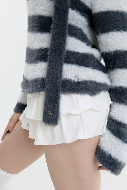 Luv Dept / Fluffy Stripes Sweater with Skinny Scarf - Charcoal