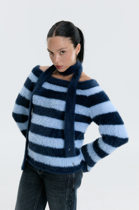 Luv Dept / Fluffy Stripes Sweater with Skinny Scarf - Blue
