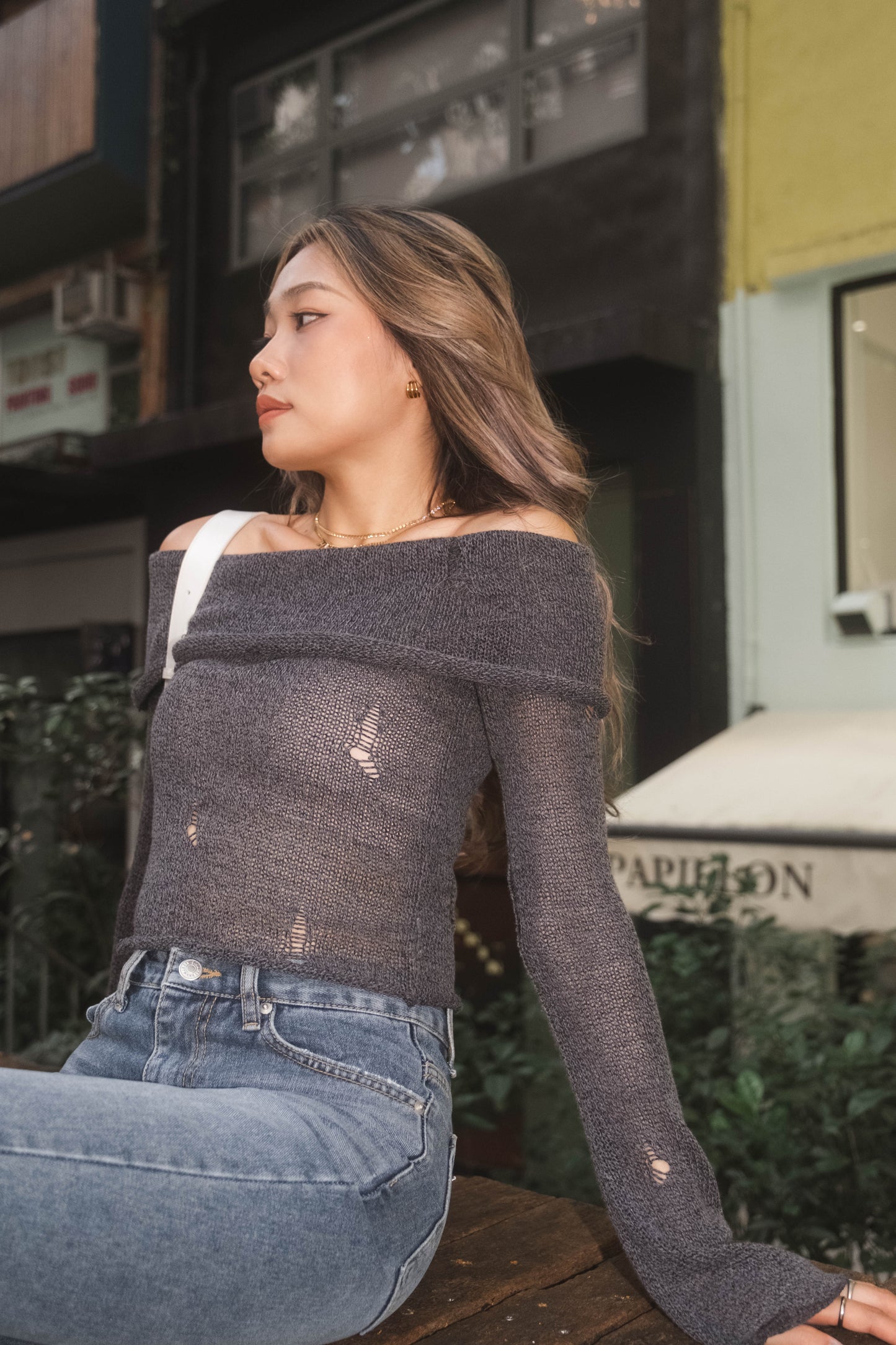 [ 必入手! 軟熟針織一字膊 叛逆微破爛 ] Soft But Rebellious Off Shoulder Knit Top - 3 colours