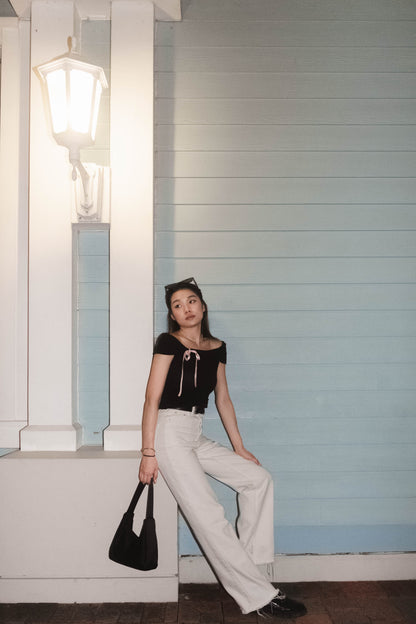[ 透薄透氣~ 綁帶蝴蝶結 Off Shoulder Top ] Ribbon Bow Sheer Knit Off Shoulder Top - 3 colours