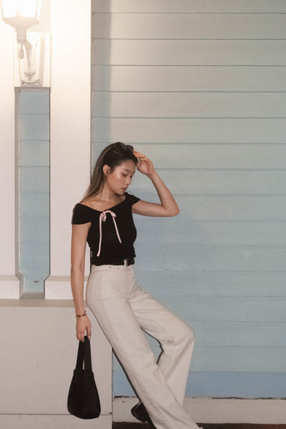 [ 透薄透氣~ 綁帶蝴蝶結 Off Shoulder Top ] Ribbon Bow Sheer Knit Off Shoulder Top - 3 colours