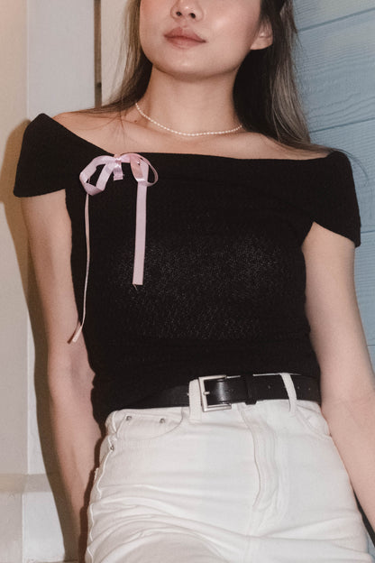[ 透薄透氣~ 綁帶蝴蝶結 Off Shoulder Top ] Ribbon Bow Sheer Knit Off Shoulder Top - 3 colours