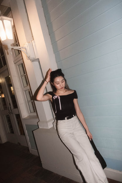 [ 透薄透氣~ 綁帶蝴蝶結 Off Shoulder Top ] Ribbon Bow Sheer Knit Off Shoulder Top - 3 colours