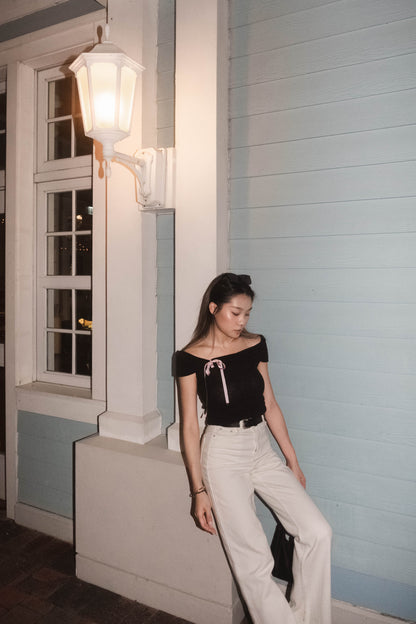 [ 透薄透氣~ 綁帶蝴蝶結 Off Shoulder Top ] Ribbon Bow Sheer Knit Off Shoulder Top - 3 colours