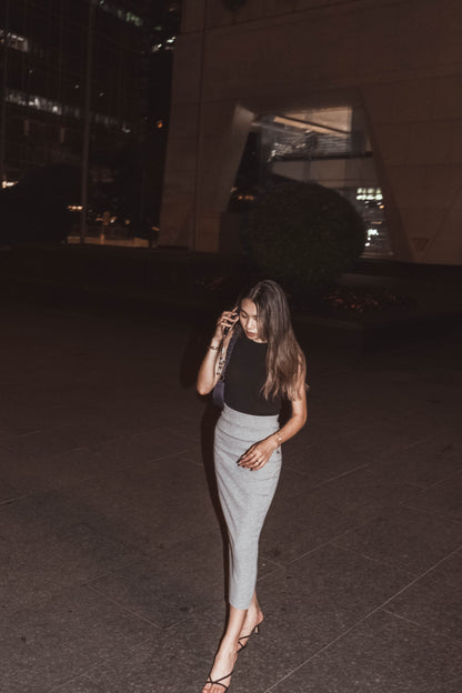 [ 休閒氣質長裙~] Basic Stretchy Split Maxi Skirt - Grey