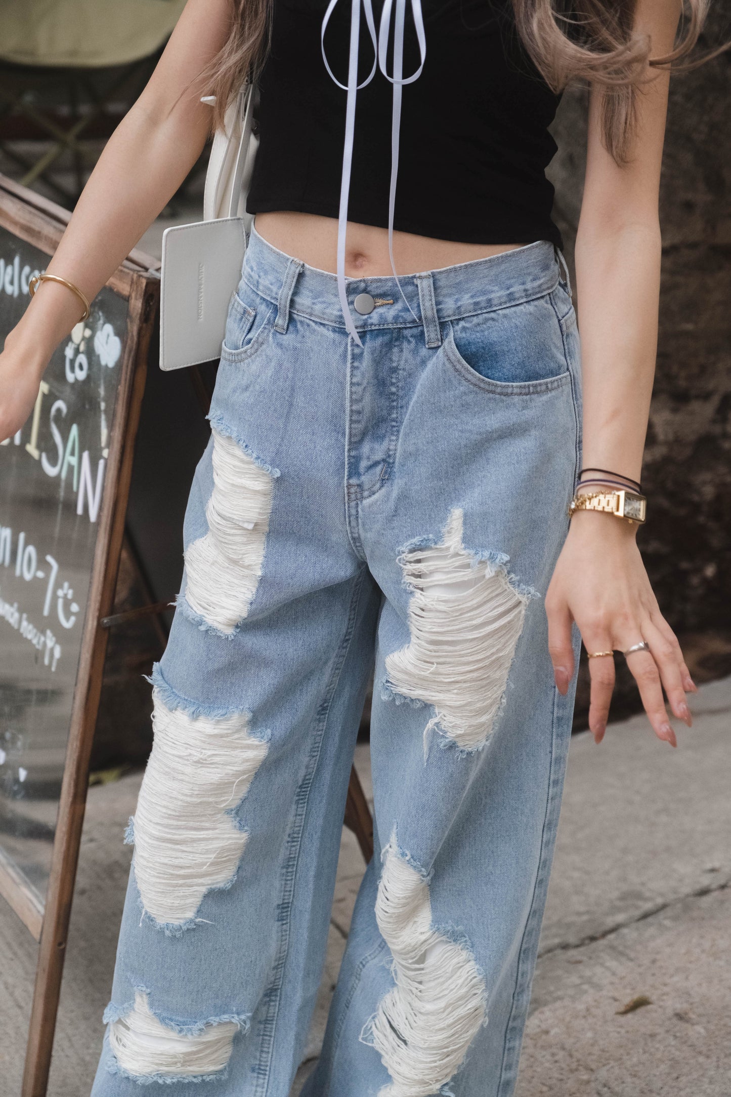 [ 不限身形! 完美版型! 高腰闊腳爛牛 (不露肉) ] XOXO Wide Leg Ripped Jeans - 2 colours