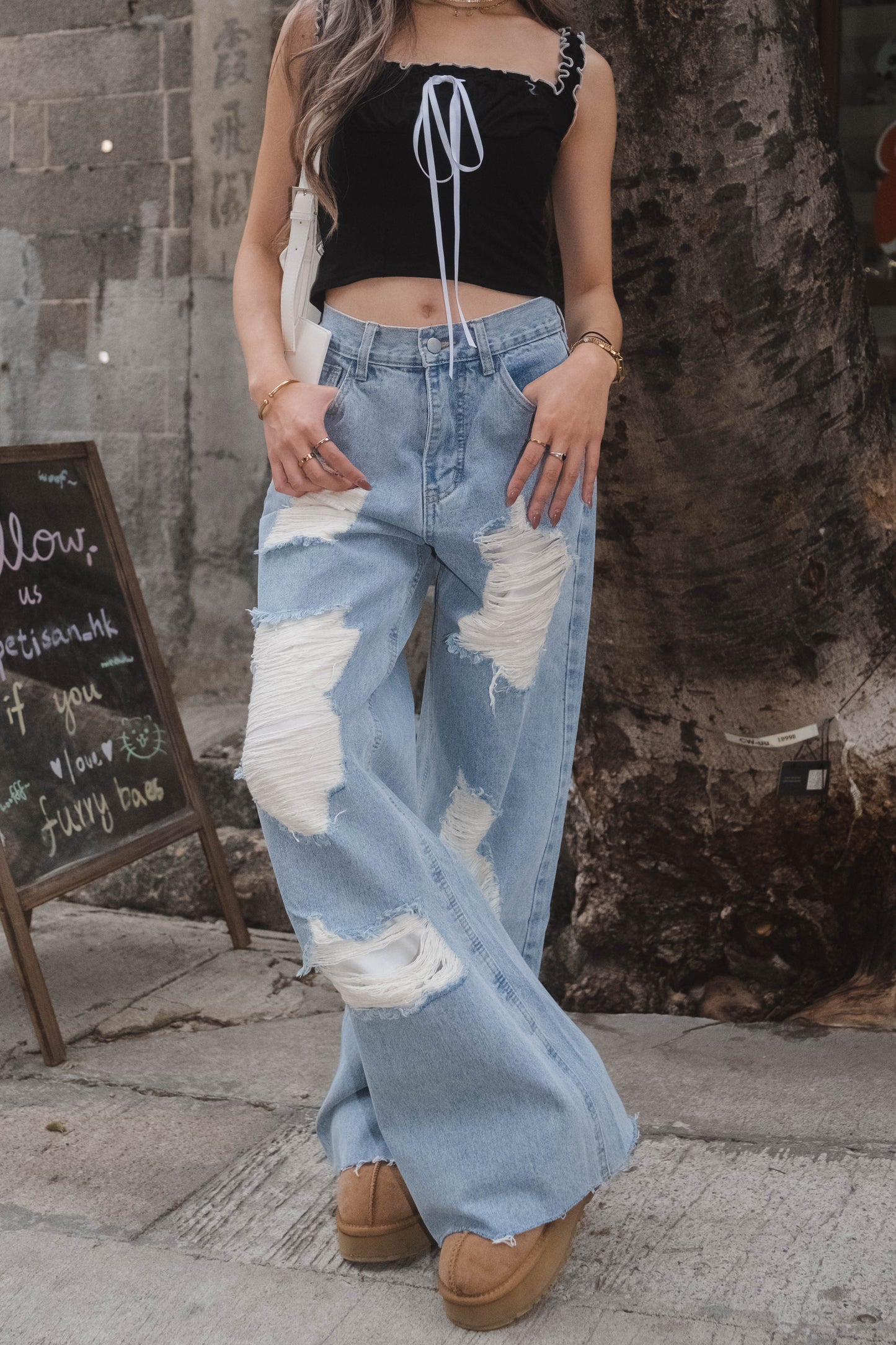 [ 不限身形! 完美版型! 高腰闊腳爛牛 (不露肉) ] XOXO Wide Leg Ripped Jeans - 2 colours