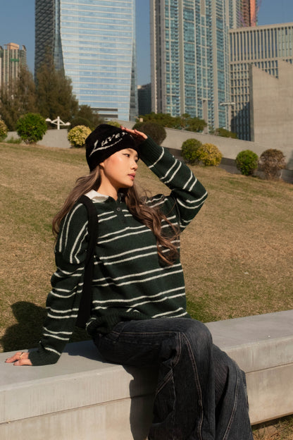 [ 墨綠橫間 🏫 歐美校園風 ] Canvas Sweater Oversize