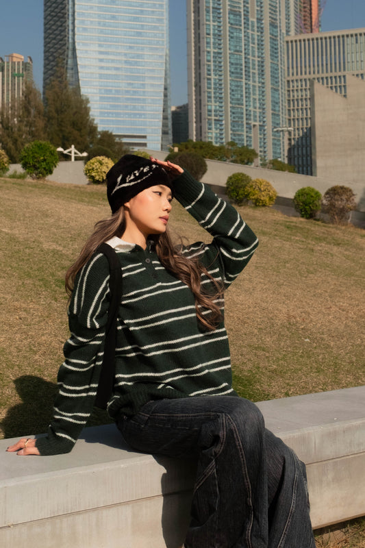 [ 🆕 墨綠橫間 🏫 歐美校園風 ] Canvas Sweater Oversize