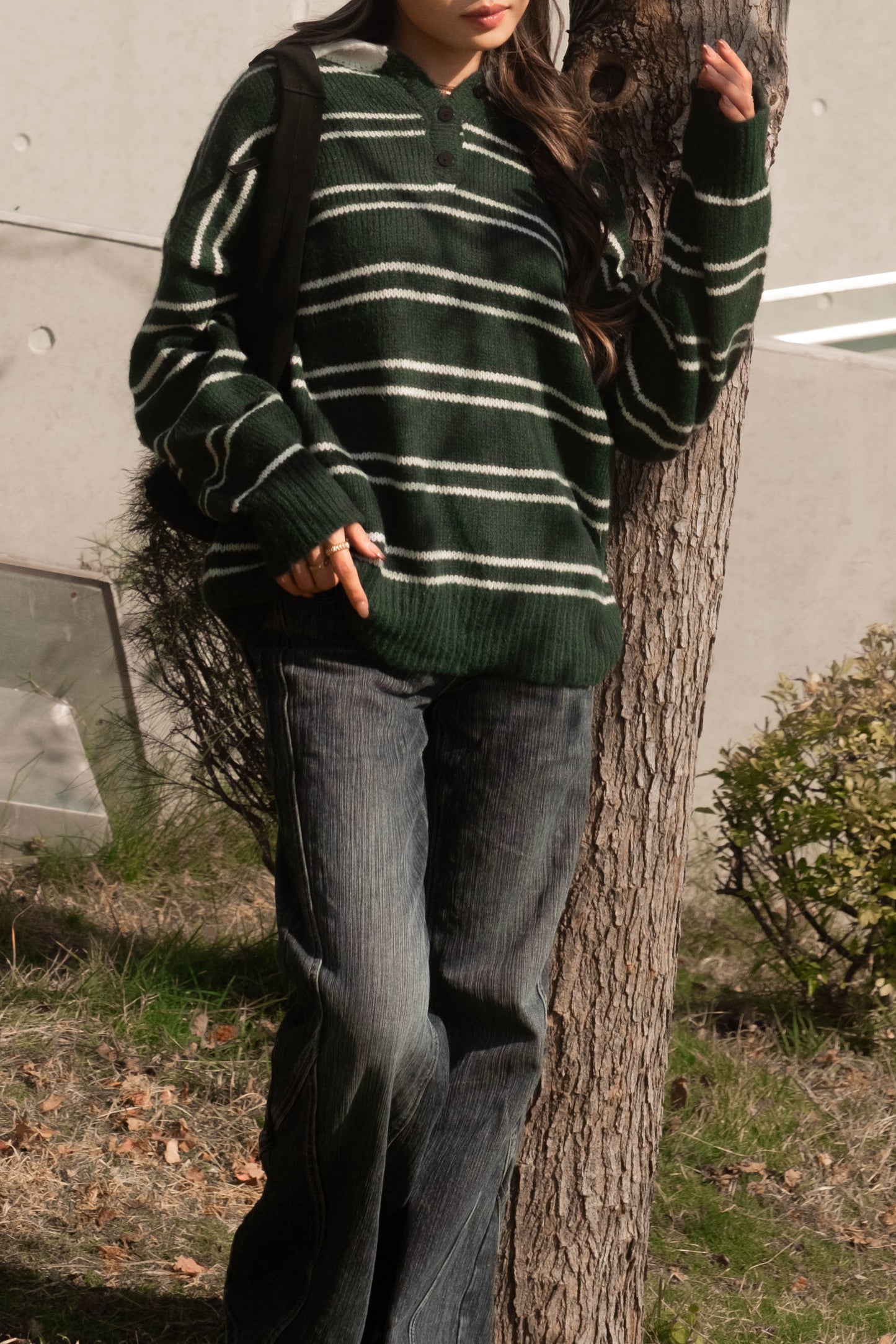 [ 墨綠橫間 🏫 歐美校園風 ] Canvas Sweater Oversize