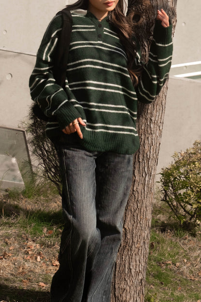 [ 墨綠橫間 🏫 歐美校園風 ] Canvas Sweater Oversize