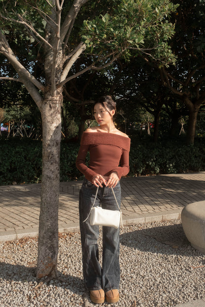 [ 可愛又小性感~ 毛毛一字膊 ] Little Bun Fluffy Off Shoulder Top + Skinny Scarf - 2 colours