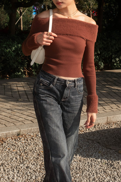 [ 可愛又小性感~ 毛毛一字膊 ] Little Bun Fluffy Off Shoulder Top + Skinny Scarf - 2 colours