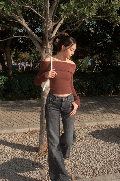 [ 可愛又小性感~ 毛毛一字膊 ] Little Bun Fluffy Off Shoulder Top + Skinny Scarf - 2 colours