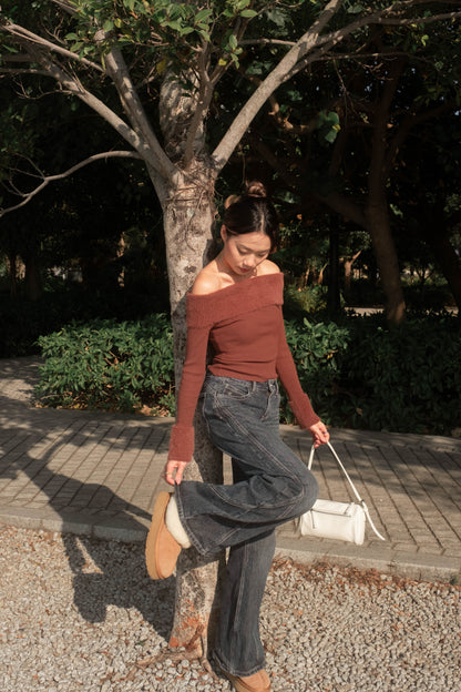 [ 可愛又小性感~ 毛毛一字膊 ] Little Bun Fluffy Off Shoulder Top + Skinny Scarf - 2 colours