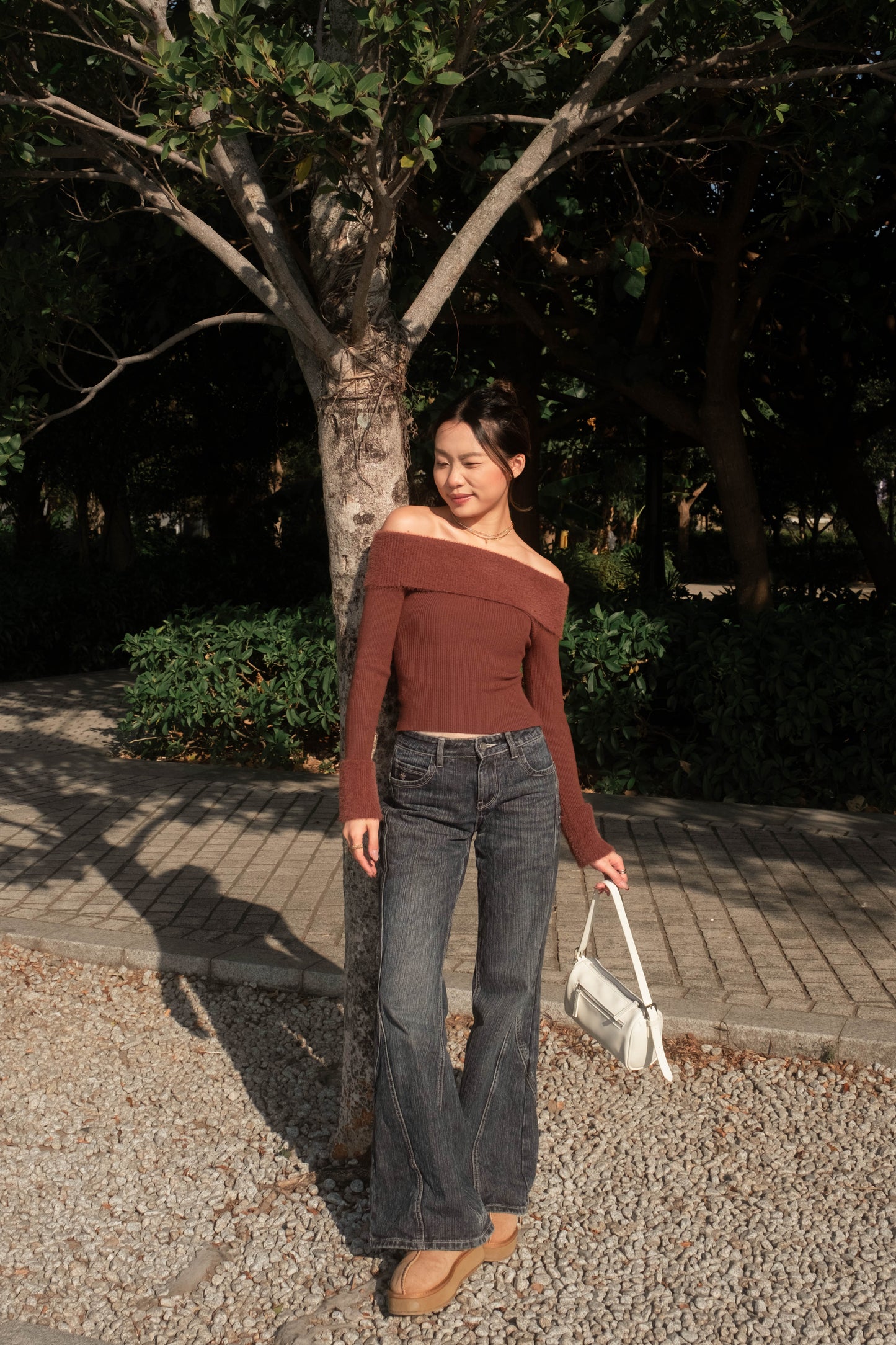 [ 可愛又小性感~ 毛毛一字膊 ] Little Bun Fluffy Off Shoulder Top + Skinny Scarf - 2 colours