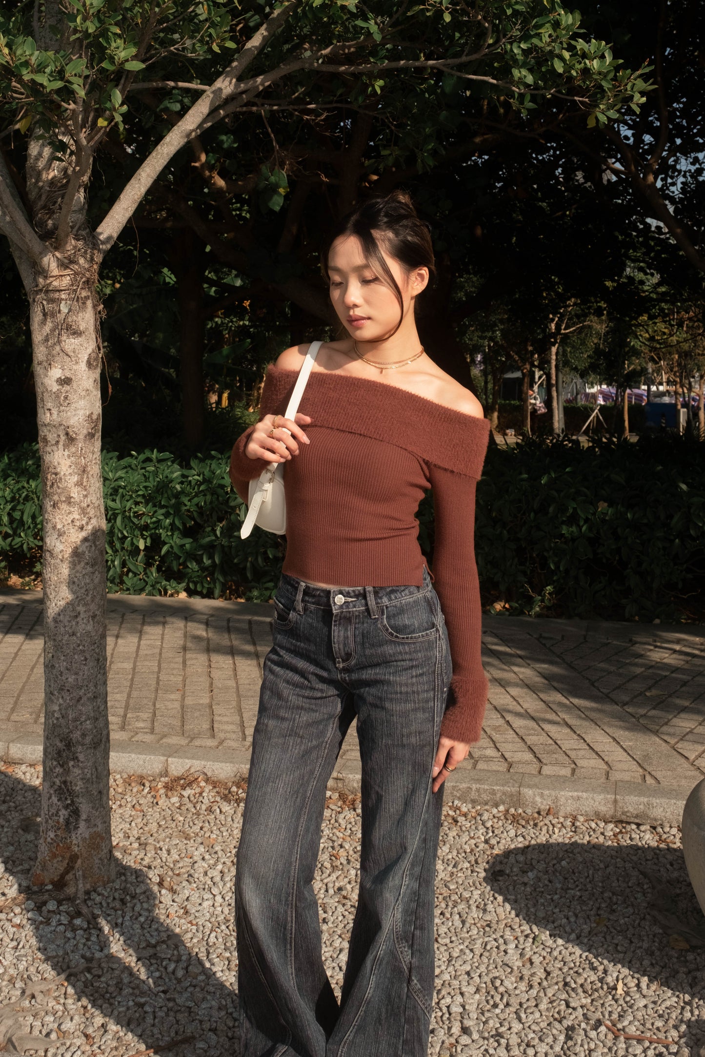 [ 可愛又小性感~ 毛毛一字膊 ] Little Bun Fluffy Off Shoulder Top + Skinny Scarf - 2 colours