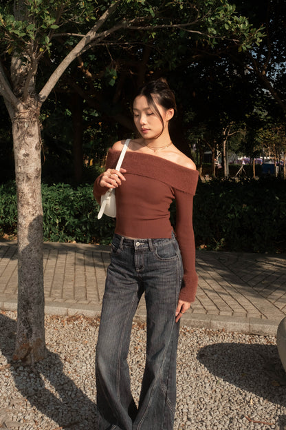 [ 可愛又小性感~ 毛毛一字膊 ] Little Bun Fluffy Off Shoulder Top + Skinny Scarf - 2 colours