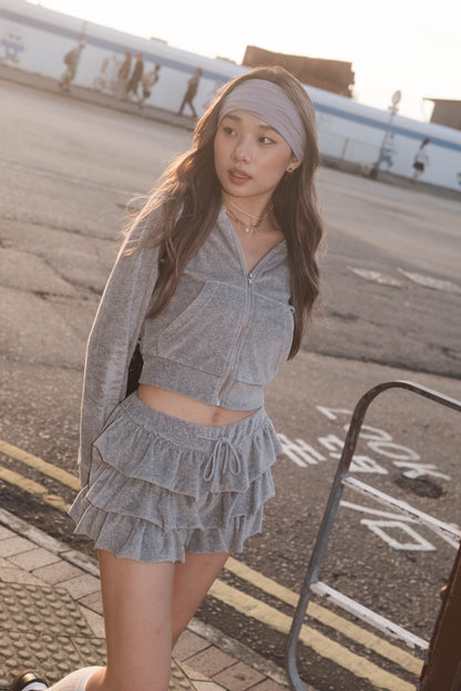 [ 歐美簡約~ 絨面 Hoodie 外套 ] Velvet Zip Up Hoodie Cropped - 4 colours