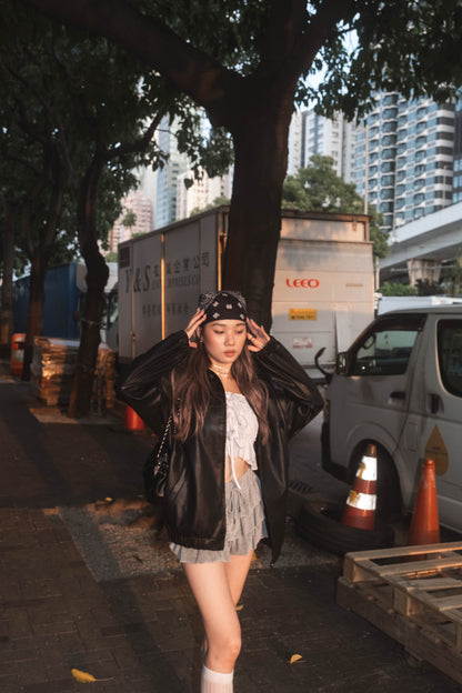 [ 全黑型格反領皮褸 ] BlackJack Oversized Faux Leather Jacket