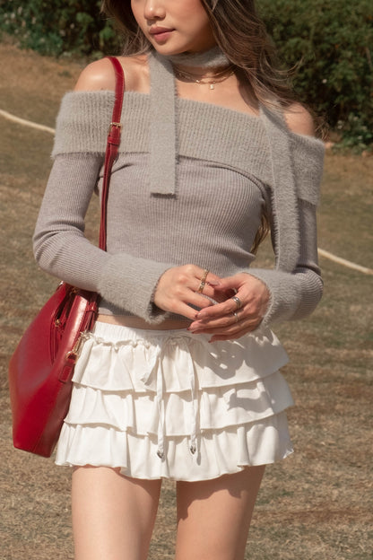[ 可愛又小性感~ 毛毛一字膊 ] Little Bun Fluffy Off Shoulder Top + Skinny Scarf - 2 colours