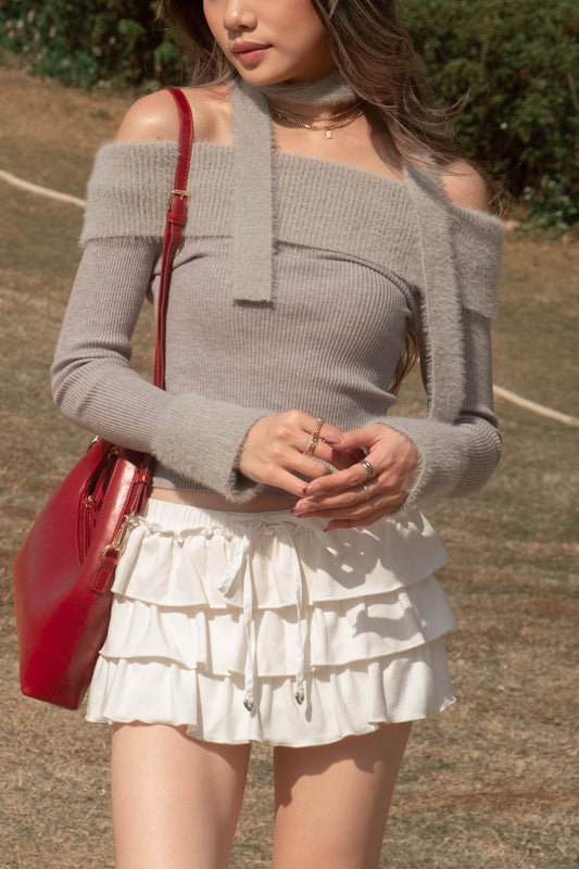 [ 🆕 可愛又小性感~ 毛毛一字膊 ] Little Bun Fluffy Off Shoulder Top + Skinny Scarf - 2 colours