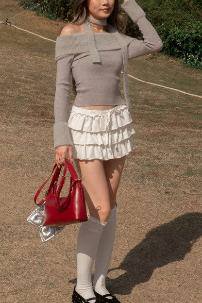 [ 可愛又小性感~ 毛毛一字膊 ] Little Bun Fluffy Off Shoulder Top + Skinny Scarf - 2 colours