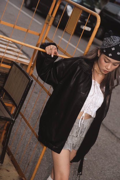 [ 全黑型格反領皮褸 ] BlackJack Oversized Faux Leather Jacket