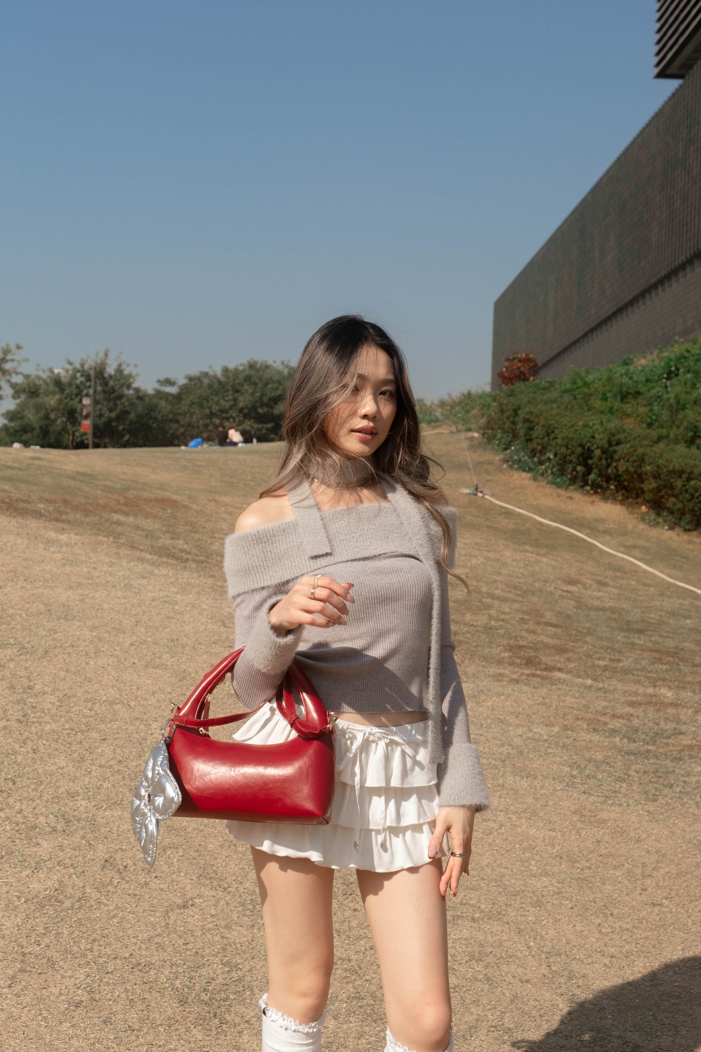 [ 可愛又小性感~ 毛毛一字膊 ] Little Bun Fluffy Off Shoulder Top + Skinny Scarf - 2 colours