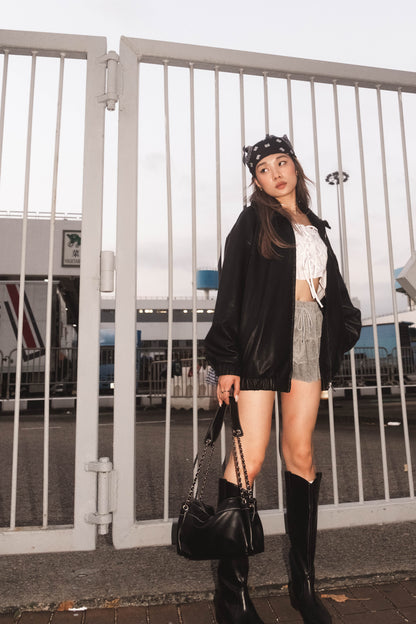 [ 全黑型格反領皮褸 ] BlackJack Oversized Faux Leather Jacket