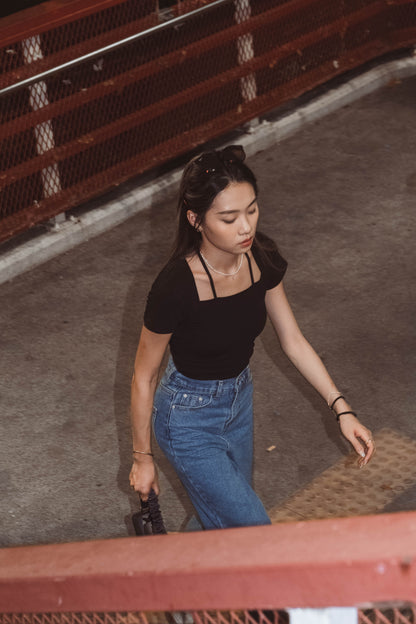 [ Basic 中的小 details ] Square Neck Tie-up Top - Black