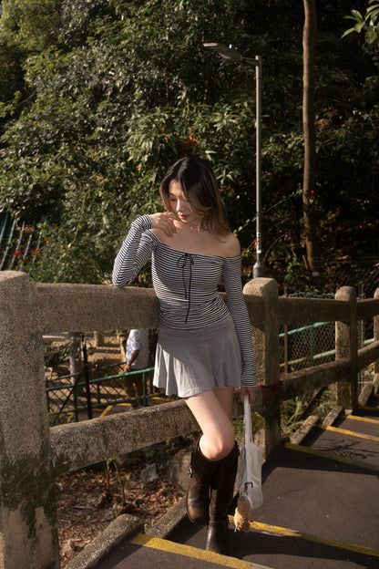 [ 橫間蝴蝶結一字膊 ] Laura Off-Shoulder Top Stripes - 2 colours