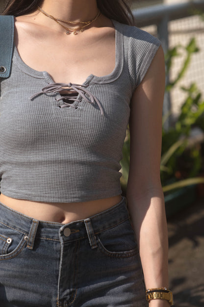 [ 簡約中的小性感 💖🪽 窩夫格親膚綁帶 top ]  Waffle Tie-Up Baby Tee - 3 colours