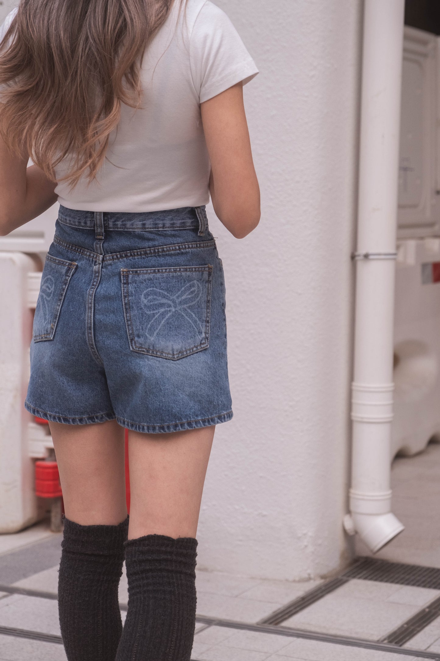 [ 蝴蝶結 pocket 高腰短牛仔! ] Ribbon Pocket High-waist Denim Shorts